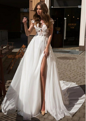 Ivory Lace Chiffon Side Slit Summer Beach Wedding Dress